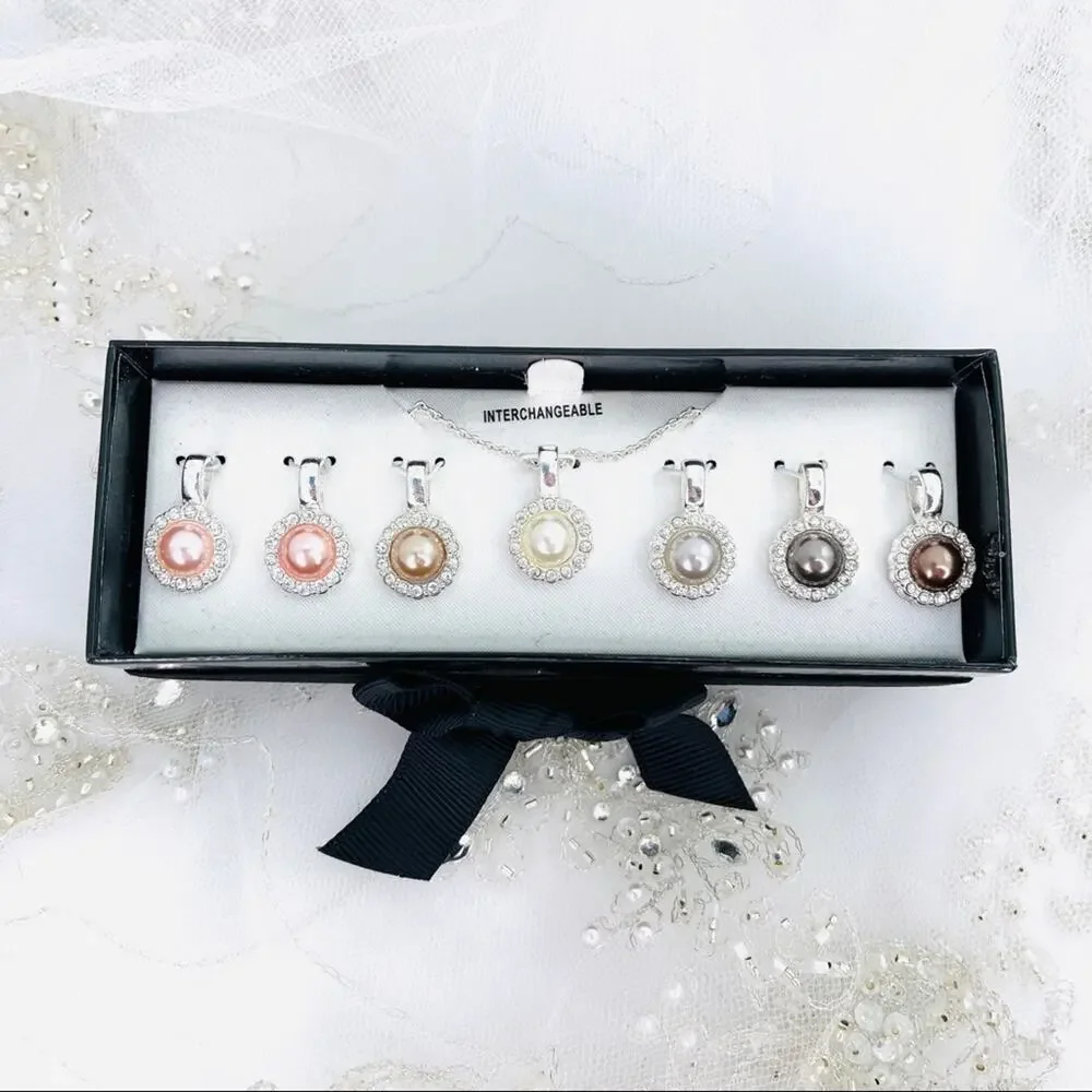 Interchangeable Pendants on chain faux pearl and rhinestones 7 pendants NIB